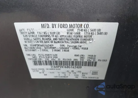 2011 Ford Taurus Sho из США, поврежденный, VIN 1FAHP2KT6BG162409